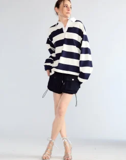 Cynthia Rowley Ardie Striped Rugby Shirt NVYWHT Discount