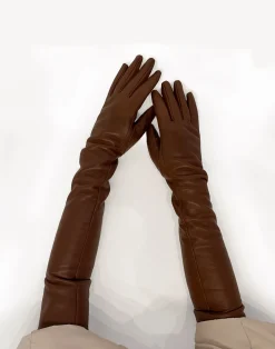 Cynthia Rowley Bea Long Leather Gloves Brown New