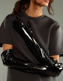 Cynthia Rowley Bea Long Patent Leather Gloves BLACK Discount