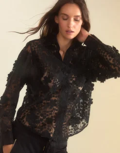 Cynthia Rowley Blooming Lace Shirt BLACK Clearance