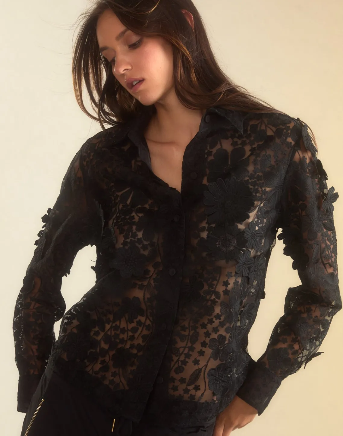 Cynthia Rowley Blooming Lace Shirt BLACK Clearance