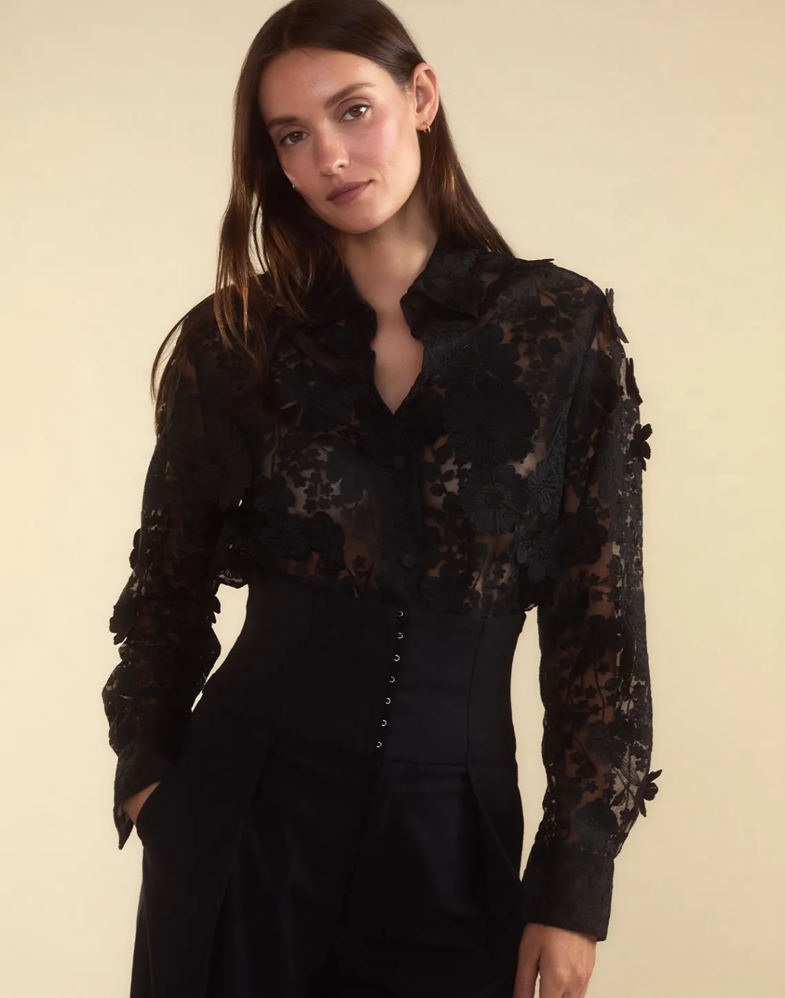 Cynthia Rowley Blooming Lace Shirt BLACK Clearance