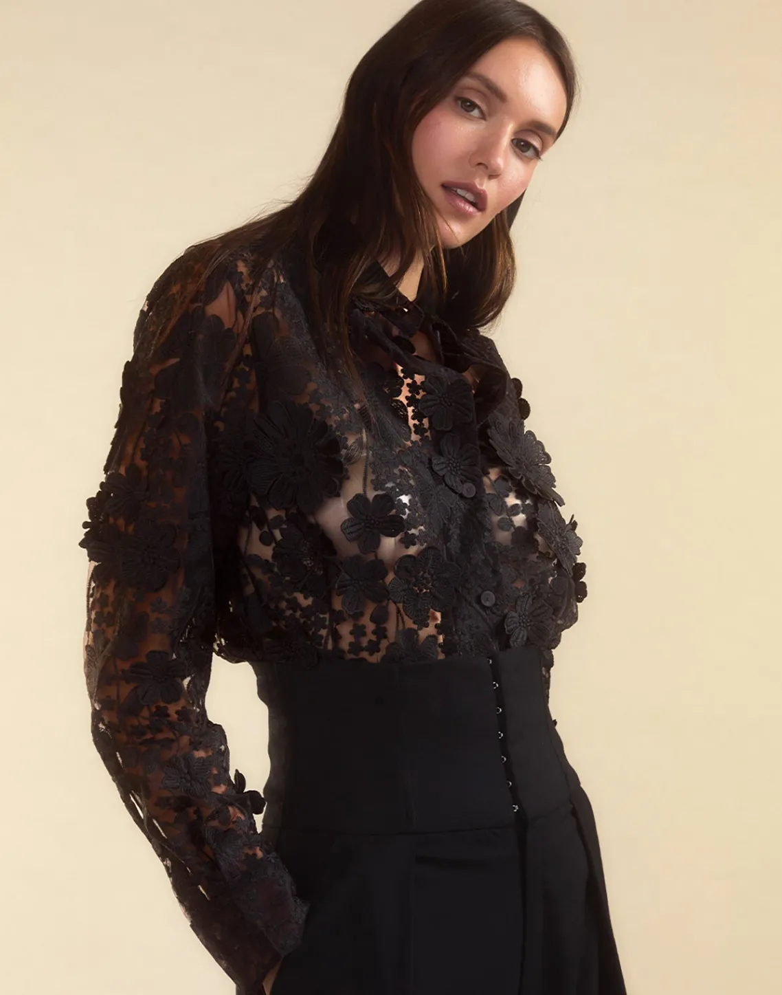 Cynthia Rowley Blooming Lace Shirt BLACK Clearance