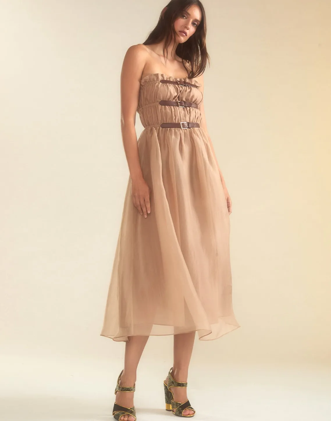 Cynthia Rowley Buckle Up Silk Organza Dress CAMEL Outlet