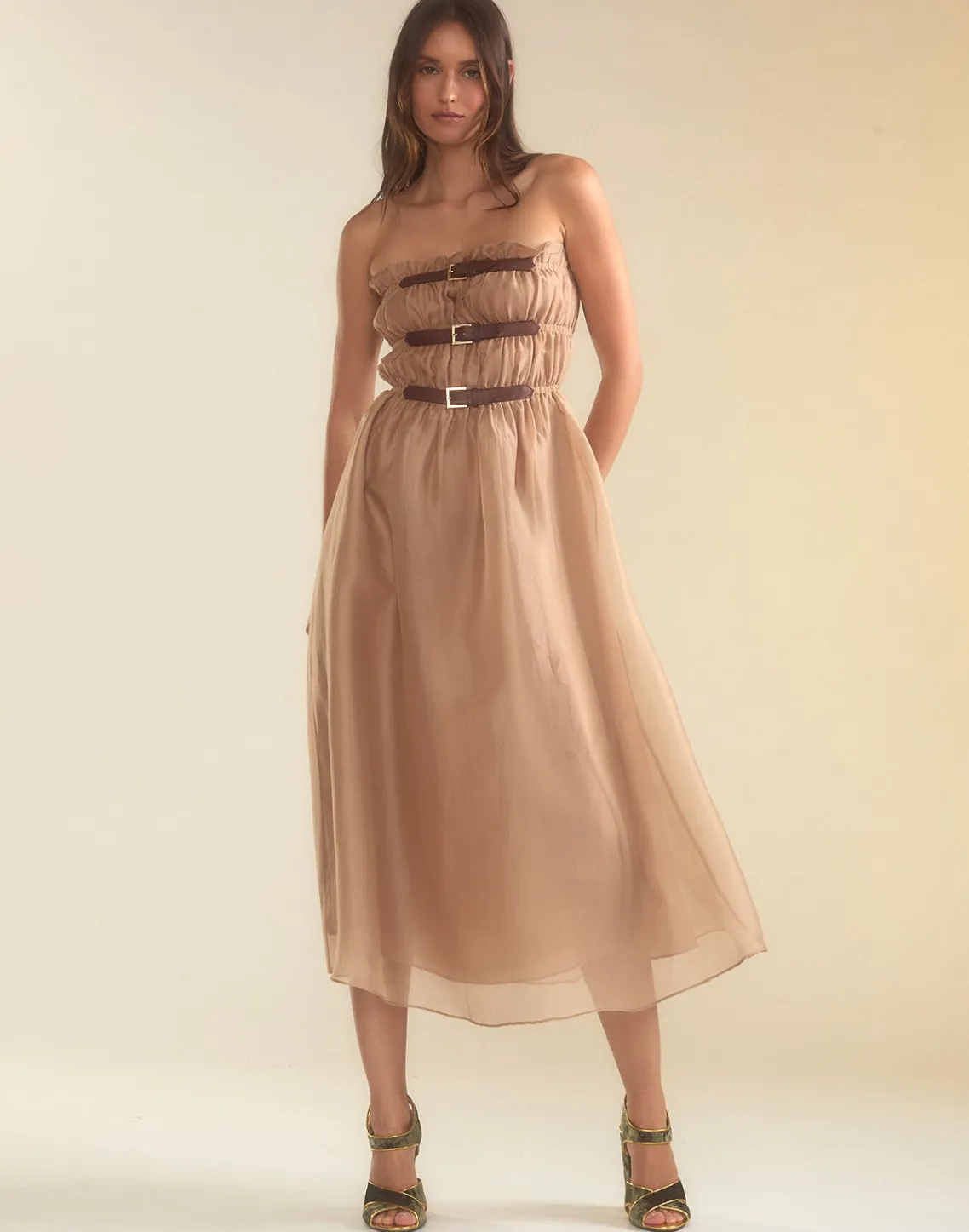 Cynthia Rowley Buckle Up Silk Organza Dress CAMEL Outlet