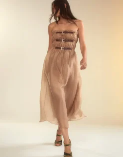 Cynthia Rowley Buckle Up Silk Organza Dress CAMEL Outlet