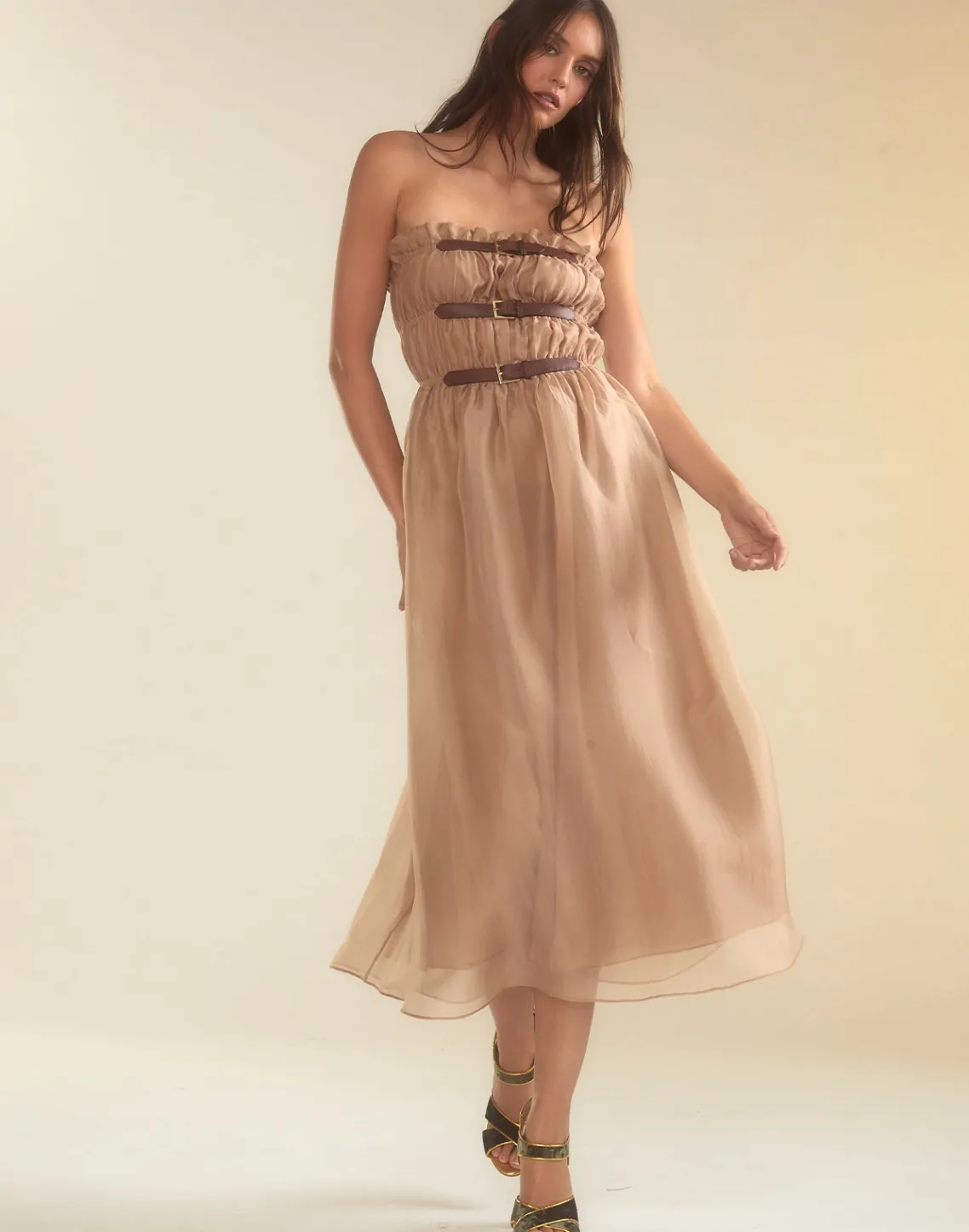 Cynthia Rowley Buckle Up Silk Organza Dress CAMEL Outlet