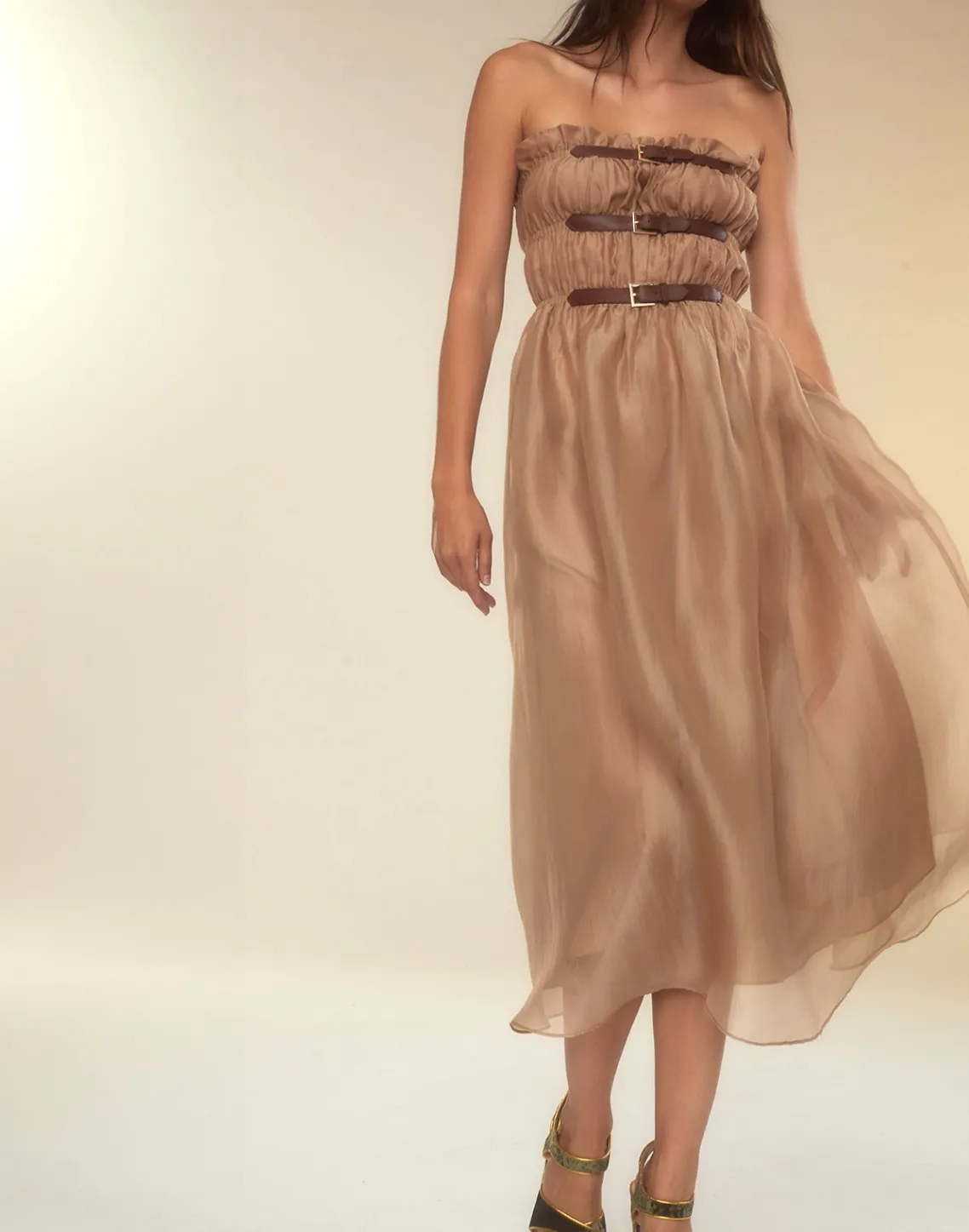 Cynthia Rowley Buckle Up Silk Organza Dress CAMEL Outlet