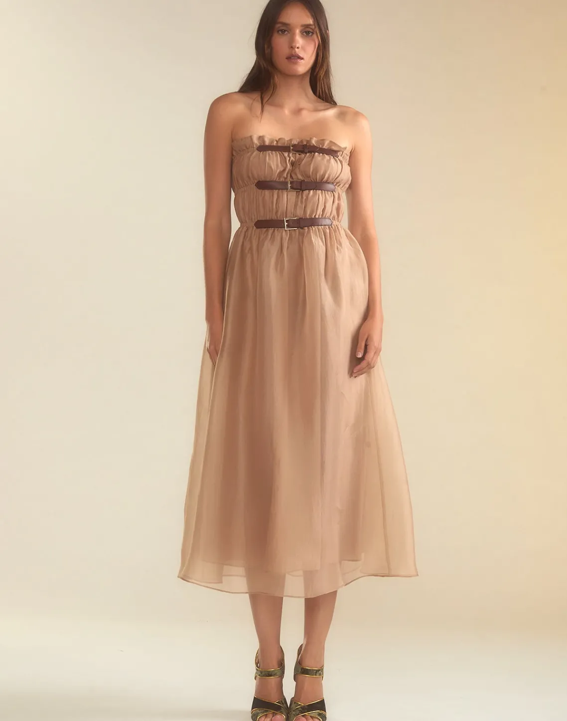 Cynthia Rowley Buckle Up Silk Organza Dress CAMEL Outlet