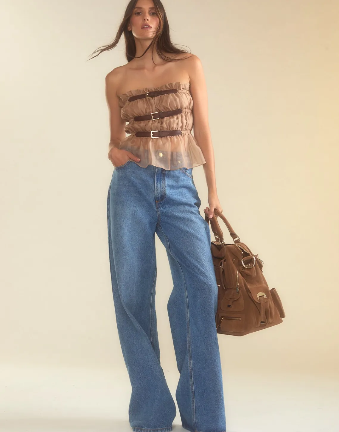 Cynthia Rowley Buckle Up Silk Organza Top CAMEL Sale