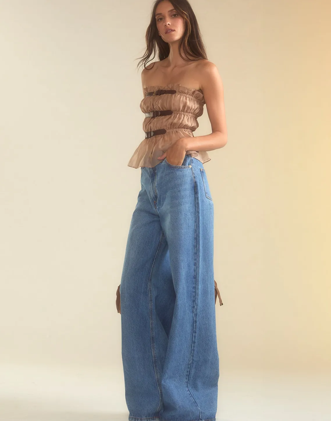 Cynthia Rowley Buckle Up Silk Organza Top CAMEL Sale