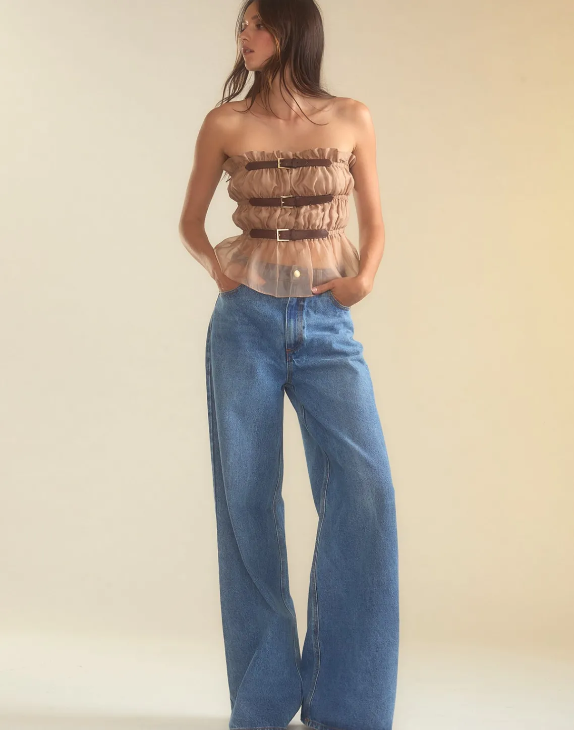 Cynthia Rowley Buckle Up Silk Organza Top CAMEL Sale