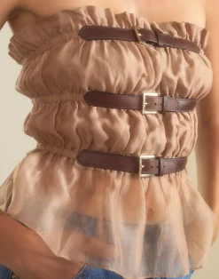 Cynthia Rowley Buckle Up Silk Organza Top CAMEL Sale