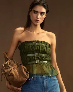 Cynthia Rowley Buckle Up Silk Organza Top DRKGR Sale