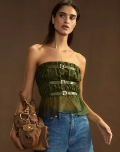 Cynthia Rowley Buckle Up Silk Organza Top DRKGR Sale