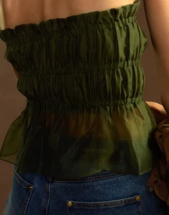 Cynthia Rowley Buckle Up Silk Organza Top DRKGR Sale