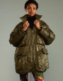 Cynthia Rowley Cargo Pocket Puffer Coat GREEN Fashion