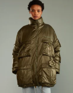 Cynthia Rowley Cargo Pocket Puffer Coat GREEN Fashion