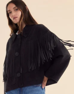 Cynthia Rowley Carrie Cropped Fringe Suede Jacket BLACK Outlet