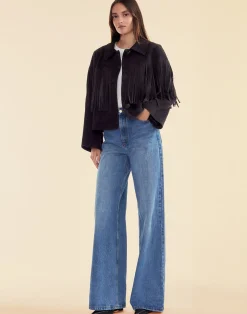 Cynthia Rowley Carrie Cropped Fringe Suede Jacket BLACK Outlet