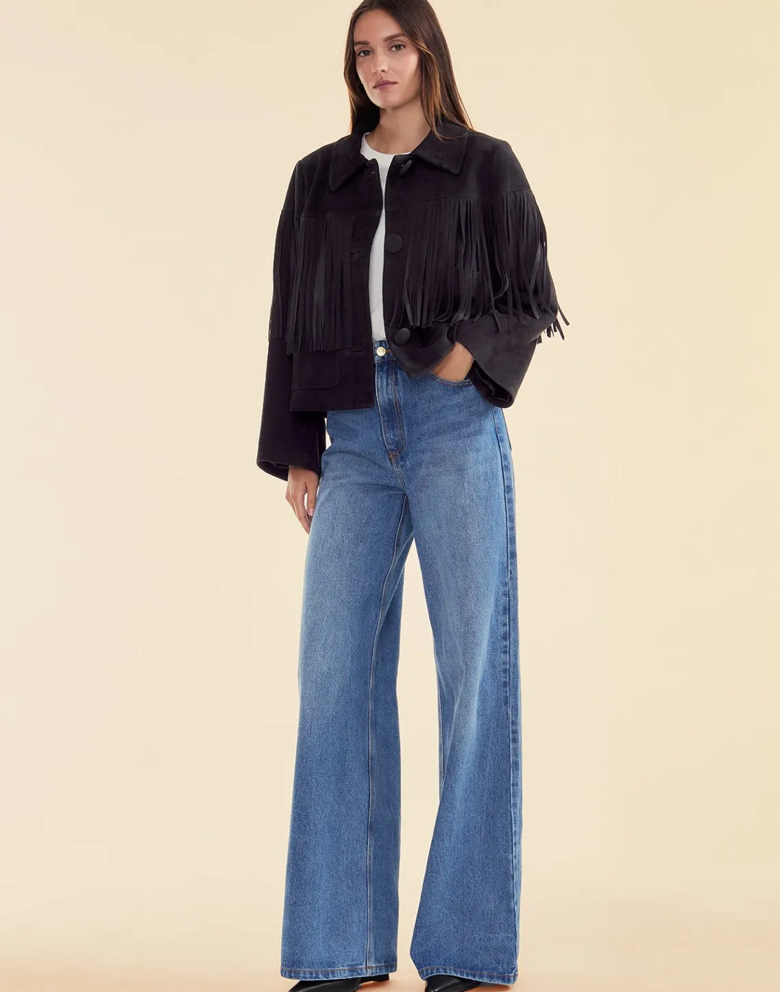 Cynthia Rowley Carrie Cropped Fringe Suede Jacket BLACK Outlet