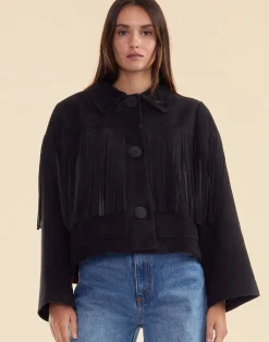 Cynthia Rowley Carrie Cropped Fringe Suede Jacket BLACK Outlet
