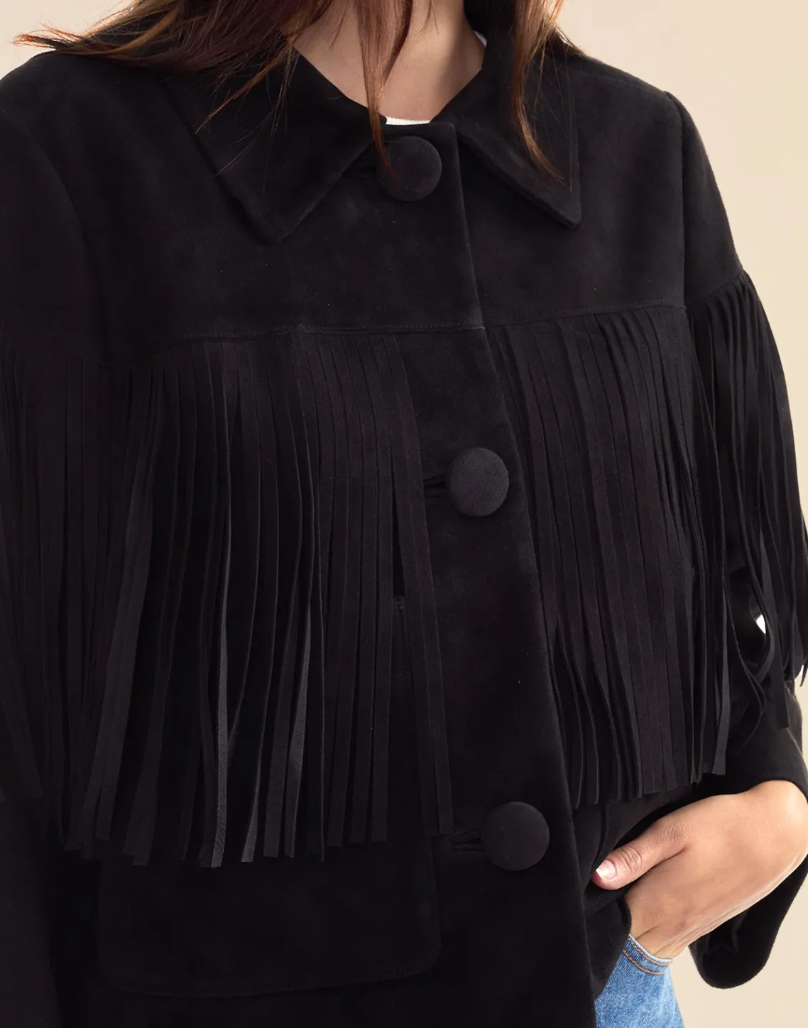 Cynthia Rowley Carrie Cropped Fringe Suede Jacket BLACK Outlet