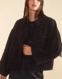 Cynthia Rowley Carrie Cropped Fringe Suede Jacket BLACK Outlet