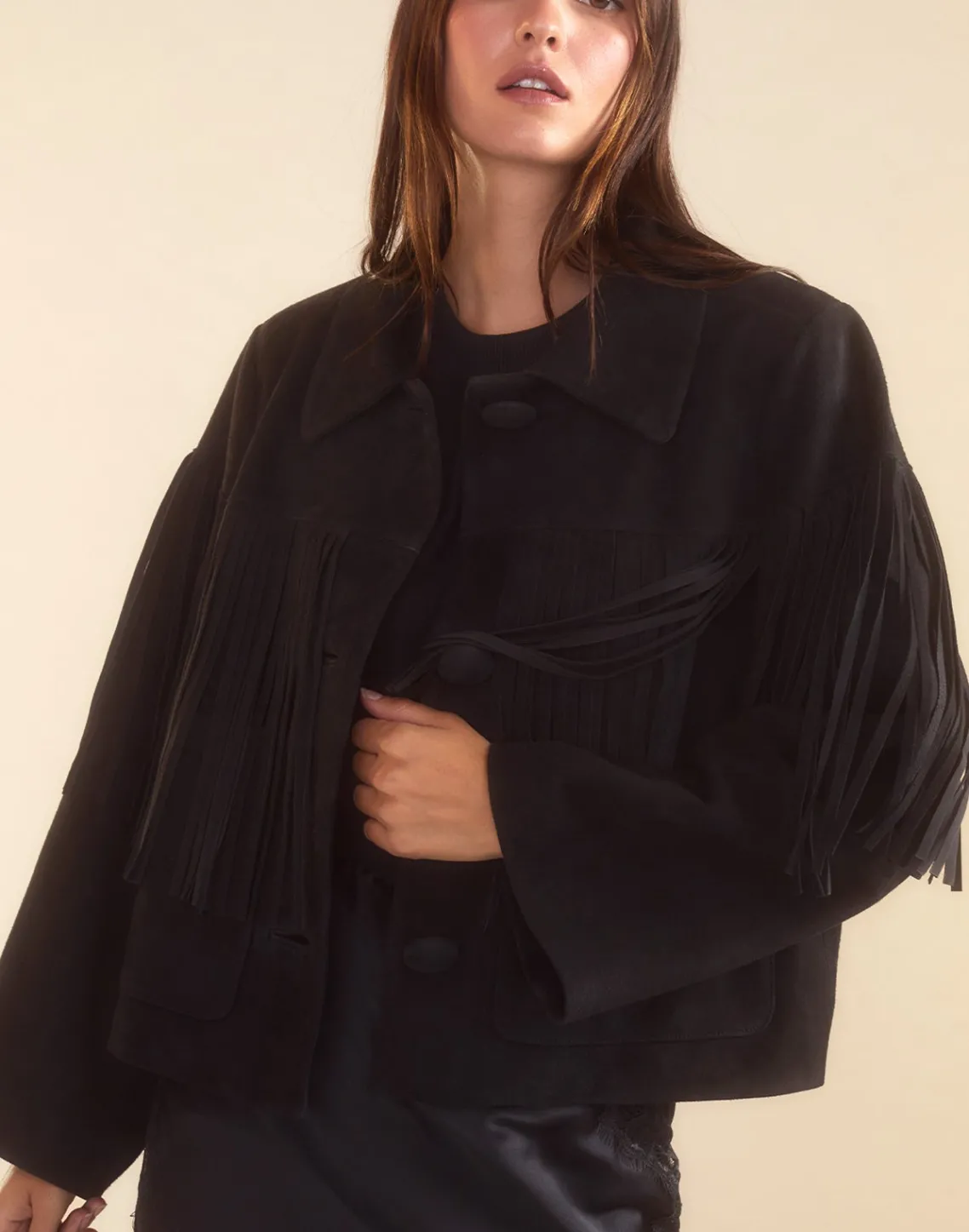 Cynthia Rowley Carrie Cropped Fringe Suede Jacket BLACK Outlet
