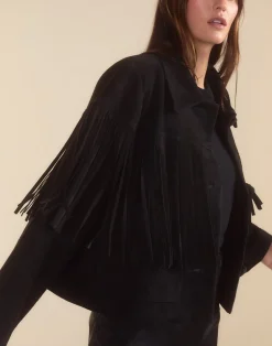 Cynthia Rowley Carrie Cropped Fringe Suede Jacket BLACK Outlet