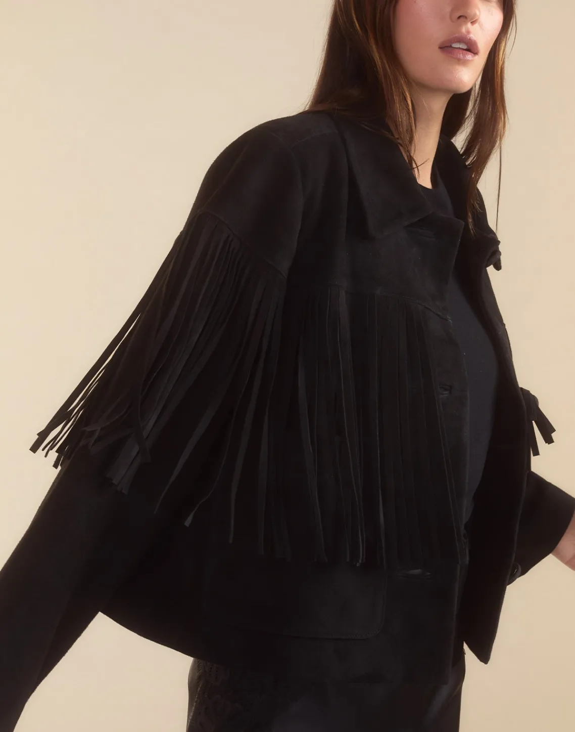 Cynthia Rowley Carrie Cropped Fringe Suede Jacket BLACK Outlet