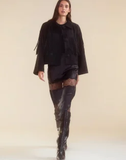 Cynthia Rowley Carrie Cropped Fringe Suede Jacket BLACK Outlet