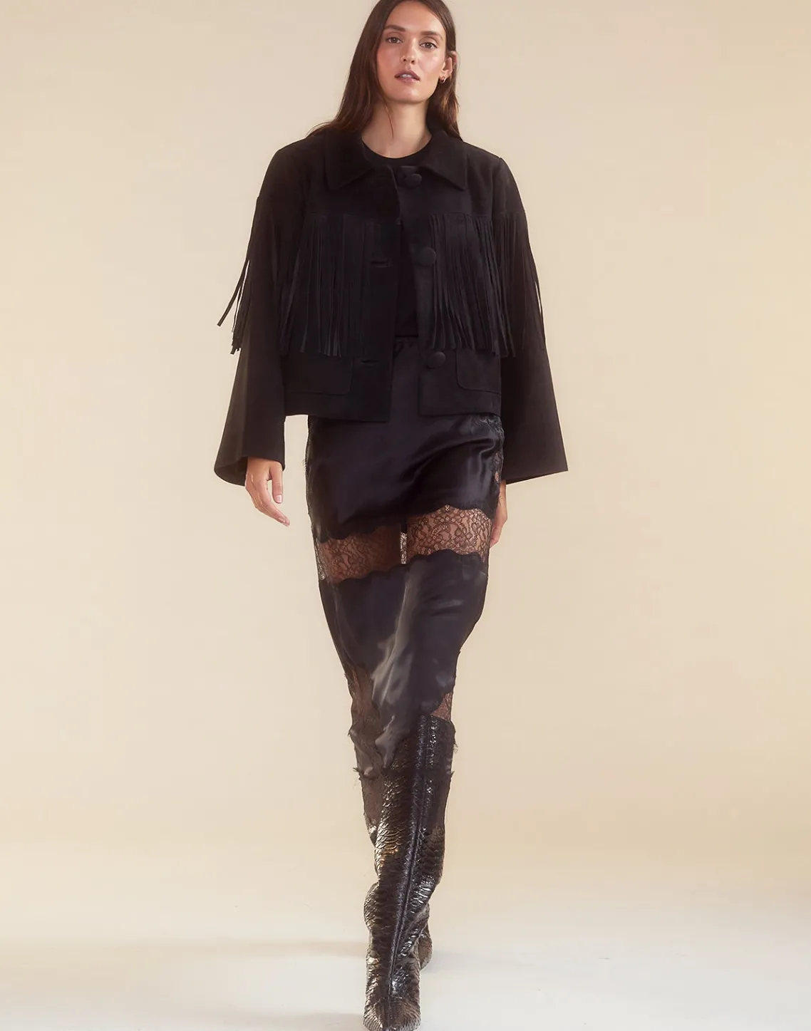 Cynthia Rowley Carrie Cropped Fringe Suede Jacket BLACK Outlet