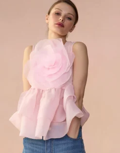 Cynthia Rowley Chloe Organza Flower Top PINK Discount