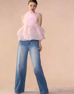 Cynthia Rowley Chloe Organza Flower Top PINK Discount