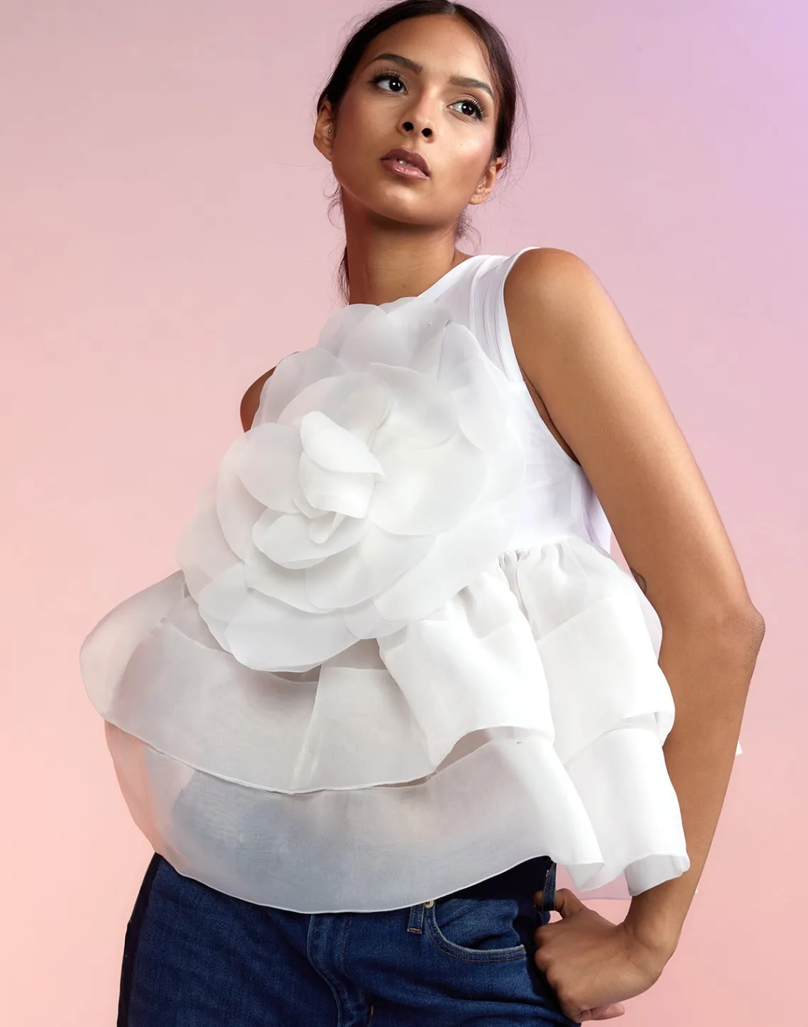 Cynthia Rowley Chloe Organza Flower Top White New