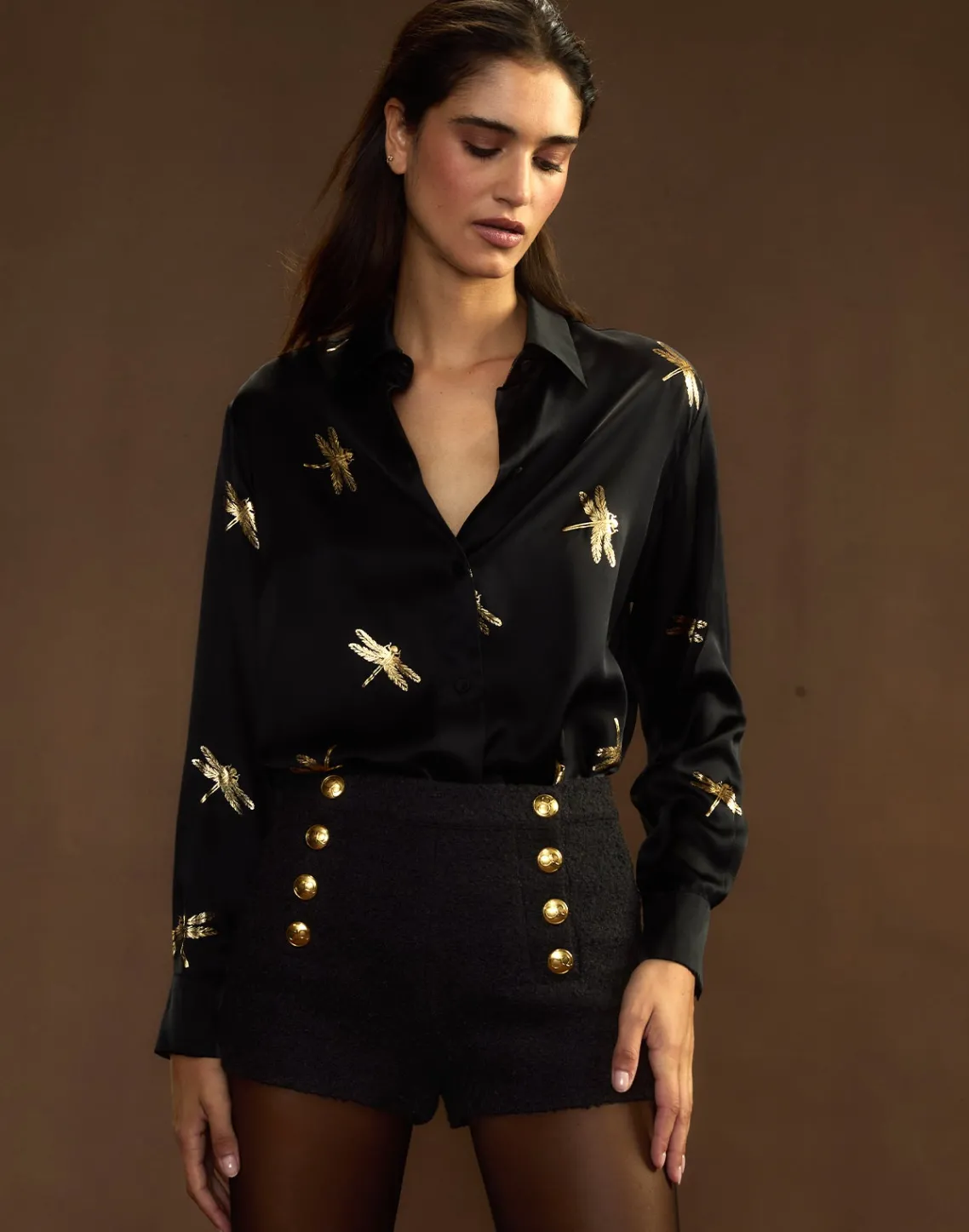 Cynthia Rowley Collectible Silk Shirt BLKGLD Hot