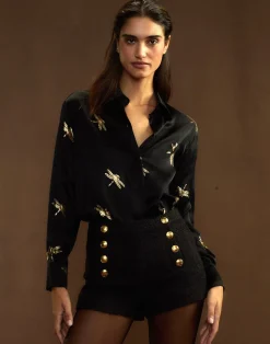 Cynthia Rowley Collectible Silk Shirt BLKGLD Hot