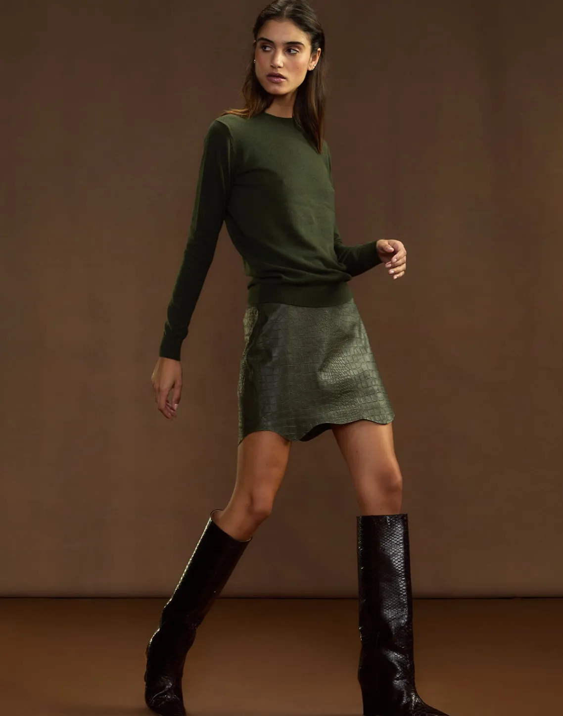 Cynthia Rowley Embossed Leather Skirt DRKGR Sale