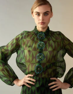 Cynthia Rowley Evergreen Silk Organza Shirt BLKGRN Discount