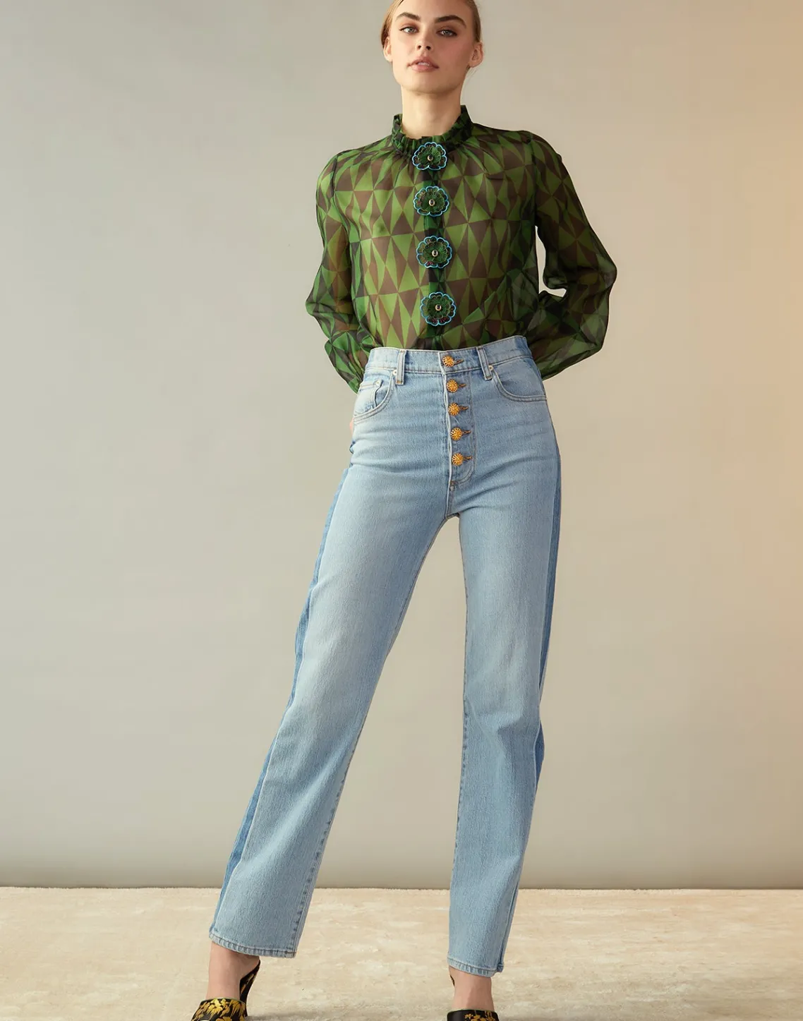 Cynthia Rowley Evergreen Silk Organza Shirt BLKGRN Discount