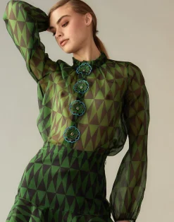 Cynthia Rowley Evergreen Silk Organza Shirt BLKGRN Discount