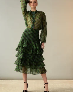 Cynthia Rowley Evergreen Silk Organza Skirt BLKGRN Clearance