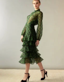 Cynthia Rowley Evergreen Silk Organza Skirt BLKGRN Clearance