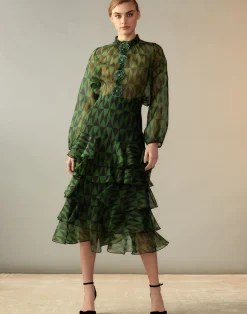 Cynthia Rowley Evergreen Silk Organza Skirt BLKGRN Clearance