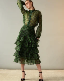 Cynthia Rowley Evergreen Silk Organza Skirt BLKGRN Clearance