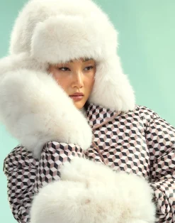 Cynthia Rowley Faux Fur Oversized Mittens IVORY Clearance