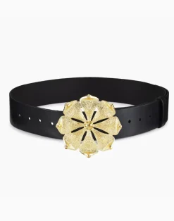 Cynthia Rowley Gold Flower Buckle Belt BLACK Best