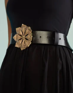 Cynthia Rowley Gold Flower Buckle Belt BLACK Best