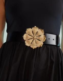 Cynthia Rowley Gold Flower Buckle Belt BLACK Best